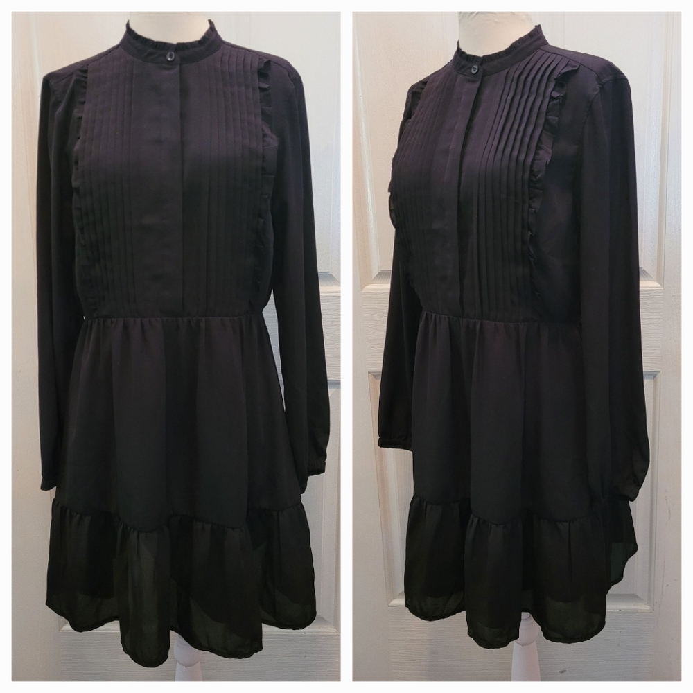 J. Crew Mercantile Dress Pin Tuck Black Size 8 Medium Long Sleeve Ruffles Modern